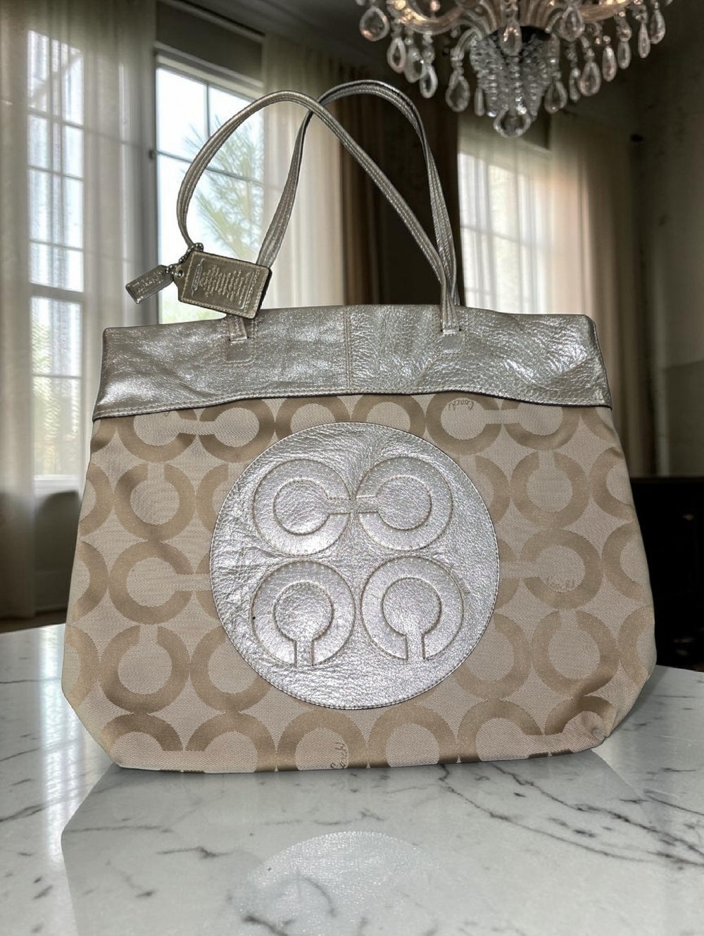 Coach Signature Canvas Tote Silver Metallic Leather Trim Large Shoulder Bag